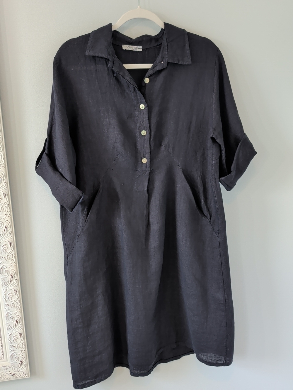 Elena Baldi Italian Navy Button-Front Linen Shirt Dress L